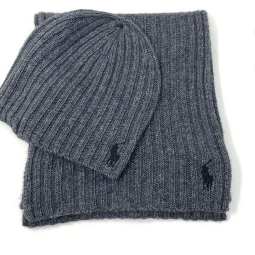Polo Ralph Lauren Men's Lambswool Blend Hat, Scarf Set, Charcoal Grey, 2-Piece - Picture 2 of 6